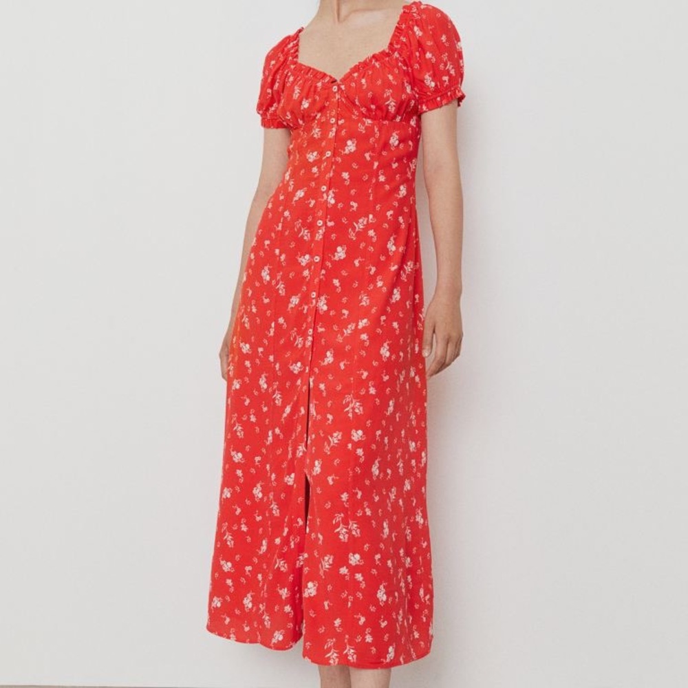 Red & white floral button front sweetheart dress